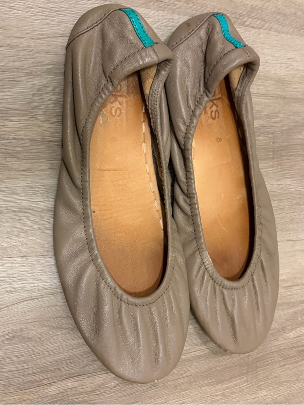 Tieks Women's Taupe Leather Ballet Flats with Teal Accent